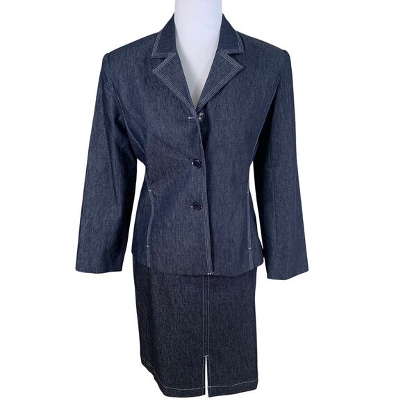 New Vintage Size 4 2-Piece Skirt Suit w/ Blazer Jacket Dark Blue Denim Classic - Picture 2 of 11
